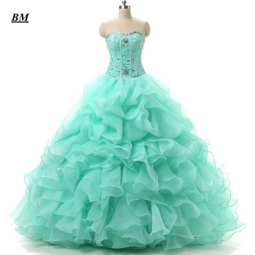 2019 Mint Green Stock Quinceanera Dresses Ball Gown Beading Sweet 16 Dresses Formal Prom Party Gown Vestido De 15 Anos BM127