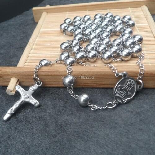 On sale Charming 4MM / 6mm/8mm Rosary Beads Chain Stainless Steel Cross Pendant Necklace