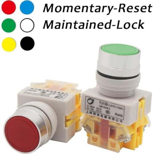 22mm Flat Push Button Switch On Off Momentary Reset Maintained Self Lock Latching Button 1NO1NC 600V 10A LAY37 Y090