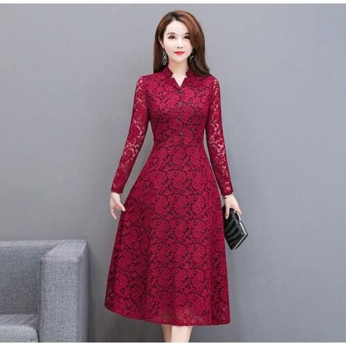 High-end lace dress spring and autumn new style popular ladies ladies waist temperament age-reducing slimming V-neck dress