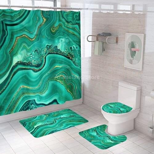 Green Marble Art Texture Shower Curtains Bathroom Curtain Bath Sets Toilet Cover Mat Non-Slip Washroom Rug Set Modern 180x180cm