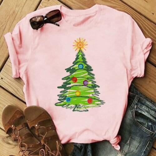 Suitable All Seasons New Fashion Christmas Tree Print T Shirt Women Harajuku Cartoon Short Sleeve Cotton T Shirt Pink Clothing