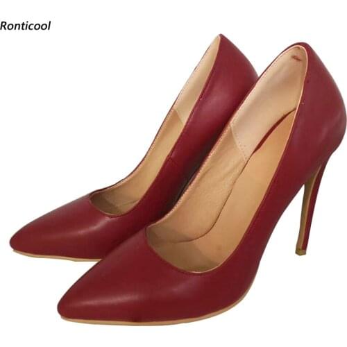 Ronticool 100% Handmade Women Spring Pumps Stiletto Heels Pointed Toe Beautiful Wine Red Party Shoes Women US Plus Size 5-15