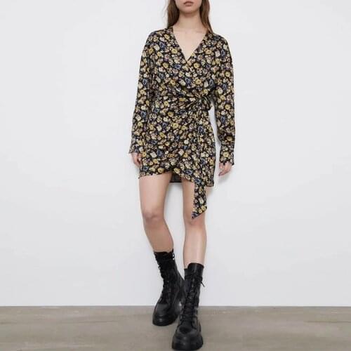 New ladies floral print dress long sleeve V-neck bowknot dress tight-fitting elegant temperament dress