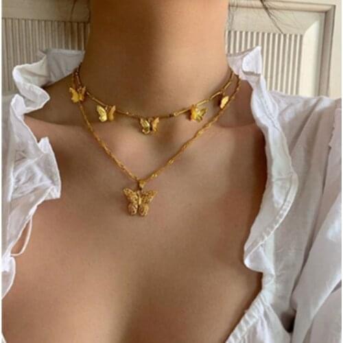 2020 New Trendy Elegant Butterfly Pendant Necklace for Women Gold Color Double Layer Clavicle Chain Collares Jewelry on the Neck