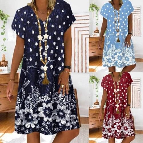 Womens floral print V-neck short sleeve dress plus size summer chiffon dress knee length summer dresses casual beach 4XL XXXL