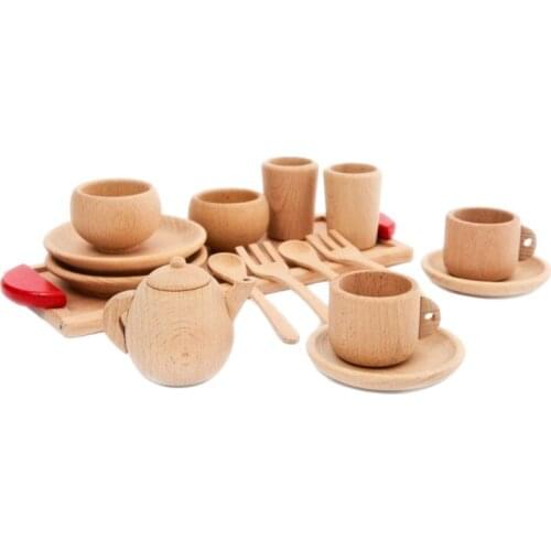 1Set Wooden Tableware Tools Tea Pot Tea Cup Teatime Party Play Toy Dollhouse Miniature Kitchen Tableware Accessories for Kids