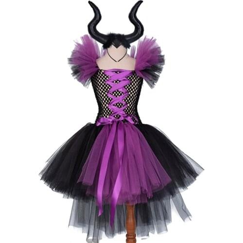 Maleficent Evil Queen Girls Tutu Dress with Wings Girls Party Tulle Gowns Costume Kids Halloween Witch Dresse
