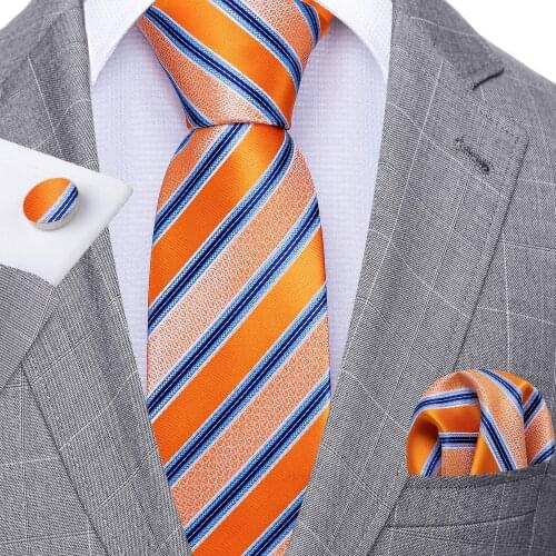 Fashion Orange Striped Men Tie Set Silk Jacquard Necktie Wedding Business Handkerchief Cufflinks Tie Barry.Wang Designer FA-5334