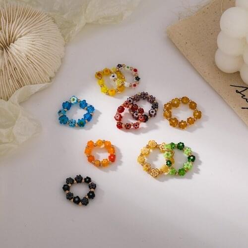 Meetvii New Cute Acrylic Handmade Flower Beaded Ringd Colourful Geometric Stacked Fine Rings for Women Party Gift Jewelry