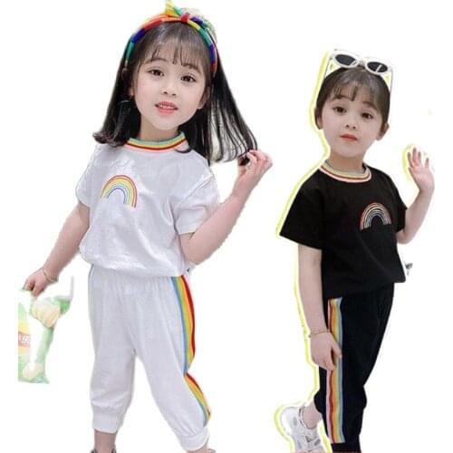 2pcs Summer Girls Clothing Set Baby Kids Children Short Sleeve Rainbow T-shirt +pants Lovely Clothes Suit For Girls 1-7years Old