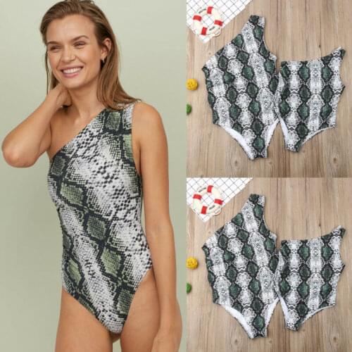 Meihuida Mom Daughter Family Match One Shoulder Swimwear Bikini Snakeskin Print One-piece Bathing Suit