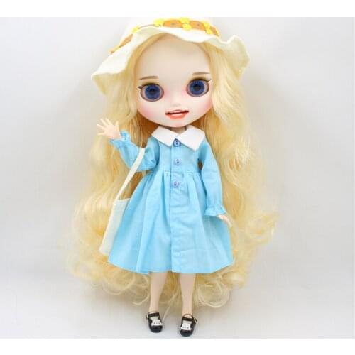 ICY DBS Blyth doll licca body toy clothes 1/6 blue dress flower sun hat bag, only clothes no doll