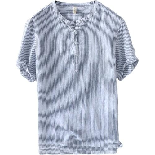 Mens Linen Shirts Short Sleeve Summer Breathable Mens Quality Casual Shirts Slim fit Solid Shirts Men