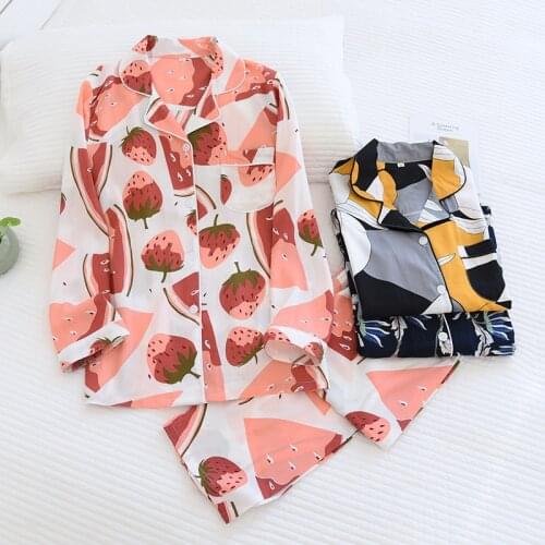 Summer Thin Cotton Lapel Pajamas Pajamas, Soft Long-sleeved Trousers, Cotton Printed Comfortable Cardigan Plus Size Home Service