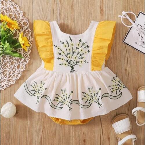 Summer Baby Girls Sweet Ruffles Fly Sleeve Romper Fashion Embroidery Stitching Backless Jumpsuits Bodysuits