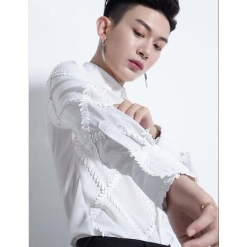 M-2xl Original Design Korean Style Shirt Mens Tide Long-sleeved Shirt Embroidery Hair Stylist Shirts Nightclub Singer Costumes