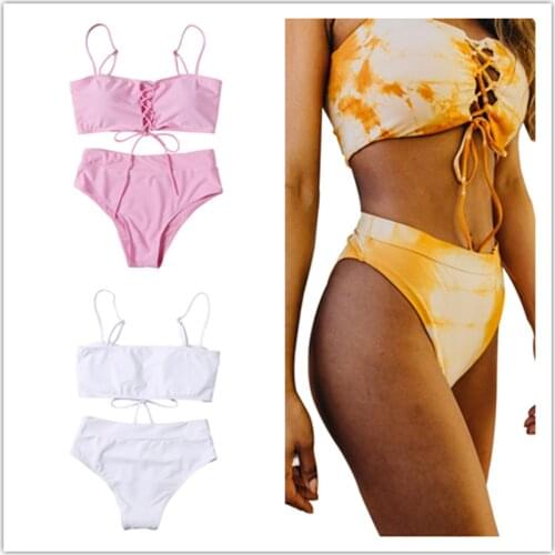 Meihuida Womens Sexy Two Piece Split Bikini Suits Fashion Tie-dye or Solid Color Bandage Camisole and High Waist Trunks