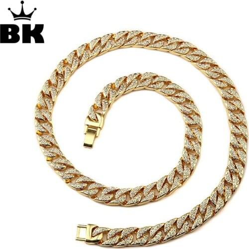 Mens Thick Cuban Link Chain Alloy Gold Chain Iced Out Rhinestone Jewelry Size 15mm*30inch