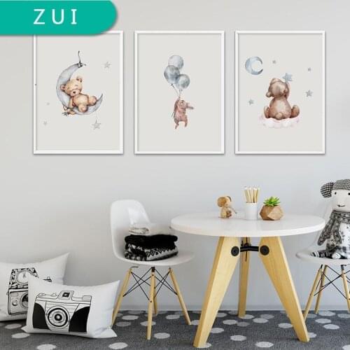 Child Poster Baby Nursery Wall Art Print Bear Bunny Woodland Animal Canvas Painting Picture Nordic Kids Baby Bedroom Decoration