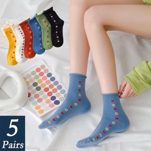 5 Pairs Women Cotton Funny Socks Spring Summer Fashion Cute Sweets Princess Ruffle Woman Socks College Heart Pattern Short Socks