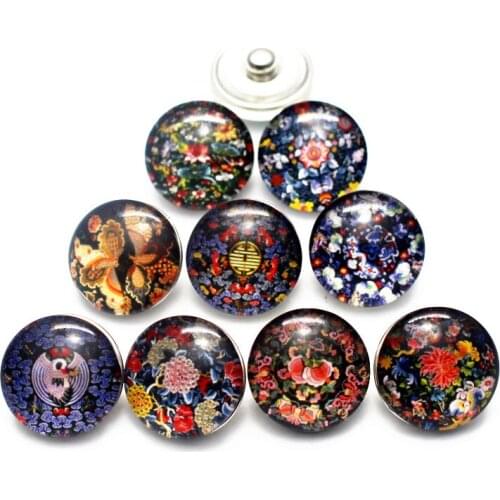 New Style 20pcs/lot Glass Colorful Flower Snap Button Print Fit 18mm/20mm DIY Snap Bracelet Replaceable Buttons Jewelry
