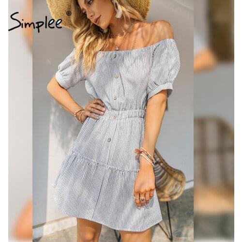 Simplee One shoulder puff sleeve striped dress women Summer sexy Short sleeve button Short Dresses 2021 Office elegant ladies