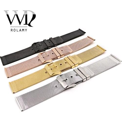 Rolamy 20 22mm Silver Black Rose Gold Stainless Steel Replacement Mesh Wrist Watch Band Strap Bracelet With Polished Buckle