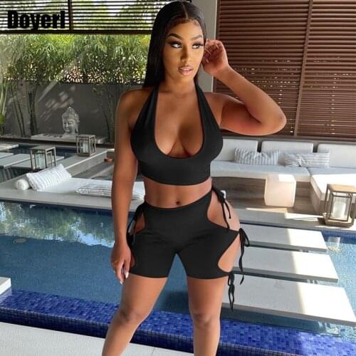 Sexy Two Piece Set Women Clothing Sets Summer Shorts Halter Crop Top Lace Up Hollow Out Biker Shorts 2 Piece Set Club Outfits