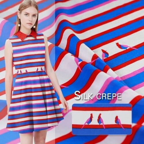 Red raspberry Bird stripe positioning printing silk double crepe fabric summer womens shirt shirt dress fabric Freeshipping