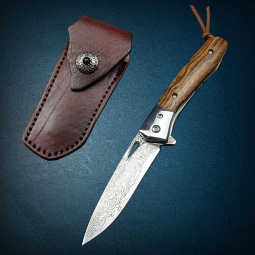 Kwinkin 3.5" Damascus steel solid wood handle folding knife outdoor camping survival EDC portable defense tool