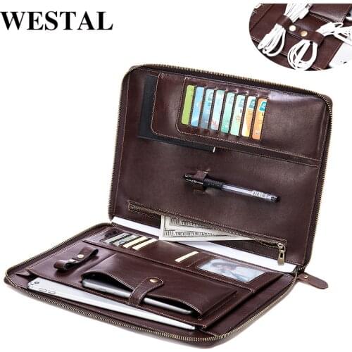 WESTAL mens clutch bag genuine leather clutch male office notebook document bag file folder portfolio briefcase organizer case