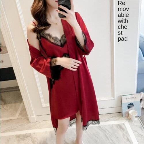 Spring and Summer Fashion Ladies Nightgown Two-piece Suit Summer Nightgown with Chest Pad and Removable Silk Sling Nightdress