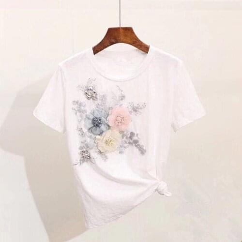 Tumblr New Kpop Unicorn Sale Korean Women Free Shipping 2020 Beaded T-shirt Female Summer Sleeve Flower Sequins Top