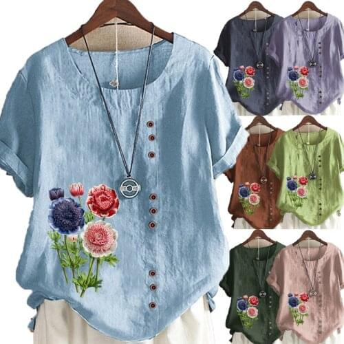 Womens Linen Shirt Round Collar Floral Printed T-shirt Short Sleeve Casual Shirt Ladies Plus Size Looes Tops & Blouses
