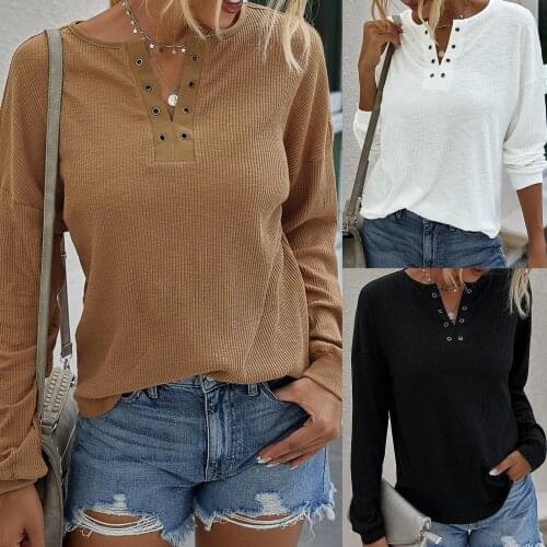Casual Women Solid Color Knitwear Hollow V Neck Long Sleeve Blouse Top Pullover