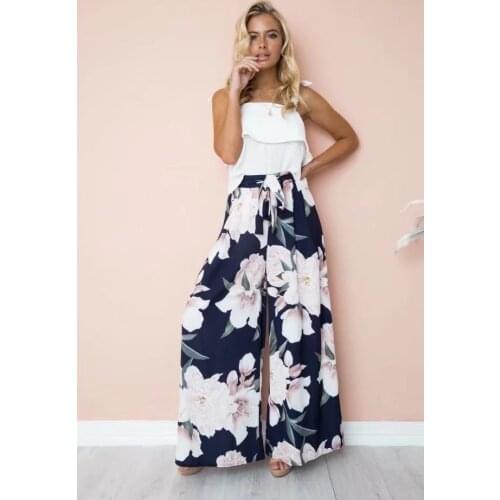 2021 Summer New Hot Outfits Women Floral Printed Pattern Pants with Waistband, High Waist Wide-leg Trousers, Navy/ Grey
