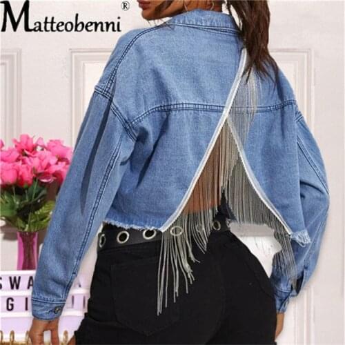 Women Sexy Backless Cropped Denim Jackets Vintage Long Sleeve Tassels Short Jeans Coat Autumn Female Solid Casual Bomber Jackets
