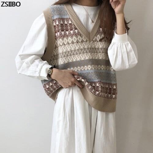 Womens Sweater oversized Harajuku korean style V-neck Knitted Vest y2k Retro College Loose Casual sweater vests for women Top