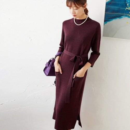 Purple New pure Grape wool dress belt floral yarn half high collar knitted dress women autumn winter medium length