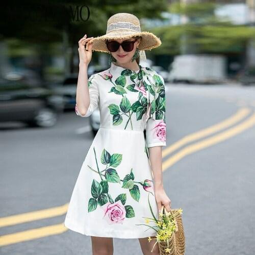 MIUXIMAO 2020 Fall Dress Newest Arrival Fashion Half Sleeve Slim Flower Above Knee Tank vintage White Dress Women Vestidos