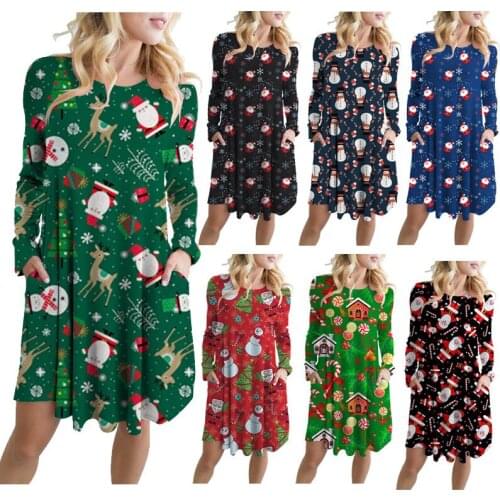 Winter Christmas Dresses Women Vintage Robe Xmas Santa Claus Printed Dress Elegant Party Dress Long Sleeve Casual O-Neck Dress
