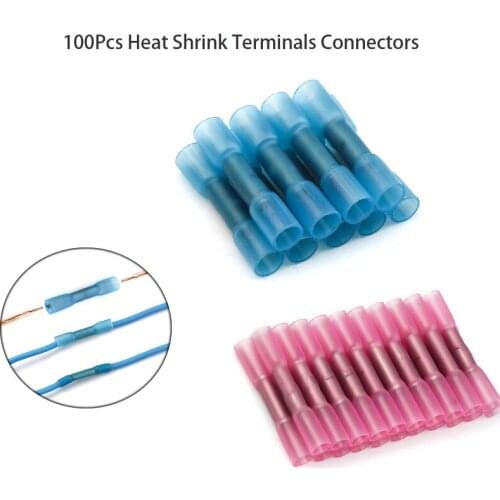 100Pcs/Set Insulated Heat Shrink Butt Connectors Electrical Wire Splice Cable Crimp Terminals 22-14 AWG Red Blue Assortment Kit