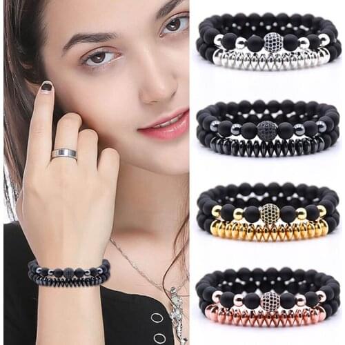 2PCS/Set Charm Unisex Natural Magnetic Energy Stone Multi-layer Bead Bracelet Unique Alloy Matte Black Beaded Copper Bangle