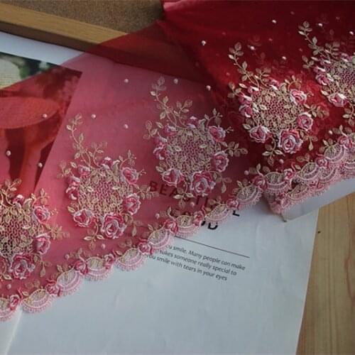 20cm 7.87inch Wide -2yards/Lot Wine Red Embroidered Floral Tulle Lace Trim,Mesh Embroidery Lace Trim