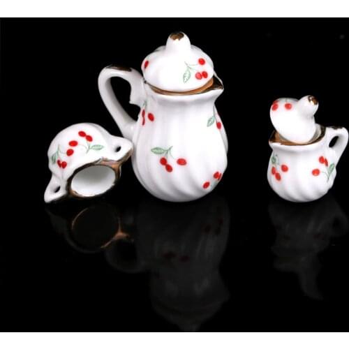 3pcs/set Dollhouse Miniature Dining Ware Porcelain Tea Set Dish Cup Kitchen Toys Furniture Accessory Plate Cup Teapot
