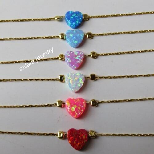 30pcs/lot 8mm 925 Sterling Silver Adjustable Heart Opal Bracelet Synthetic Heart Fire Opal Bracelet for Gift