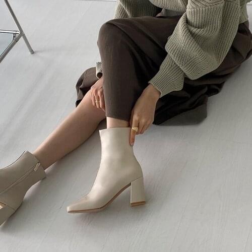White Beige Black Women Boots Comfy Square Head High Heel Ankle Boots Fashion Zipper Boots Autumn Winter Ladies Shoes Size 33-42