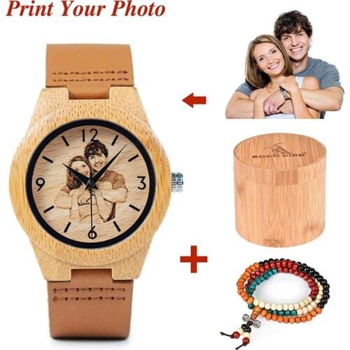 BOBO BIRD Men Women Quartz Wristwatch With UV Printing Photo Bamboo Watches OEM Customized Gift