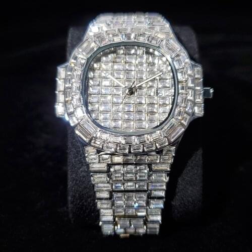 Hip Hop MISSFOX Fully Baguette Diamond Watch Men Street Style Mens Watches Top Brand Luxury Quartz Male Wrist Watch Man Jewelry